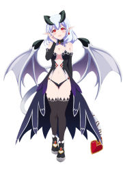 Rule 34 | 1girl, :d, bare shoulders, battle girl high school, black thighhighs, blue hair, blush, breasts, cleavage, commentary, demon girl, demon horns, demon tail, demon wings, detached collar, detached sleeves, earrings, full body, hand on own chest, hand up, head tilt, highres, horns, jewelry, kunieda shiho, lee xianshang, lilim (monster girl encyclopedia), looking at viewer, medium breasts, medium hair, monster girl encyclopedia, monsterification, navel, open mouth, pointy ears, red eyes, simple background, smile, solo, tail, thigh gap, thighhighs, white background, wings