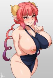 Rule 34 | 1girl, absurdres, apron, black apron, black legwear, breasts, cleavage, cleft of venus, collarbone, dragon girl, dragon horns, dragon tail, fang, female focus, fingernails, grey background, hand on own hip, highres, horns, huge breasts, ilulu (maidragon), jmg, kobayashi-san chi no maidragon, large breasts, long hair, looking at viewer, matching hair/eyes, naked apron, pointy ears, red eyes, red hair, simple background, slit pupils, smile, solo, tail, twintails