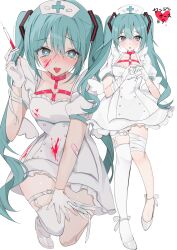 1girl absurdres aqua_eyes aqua_hair bandages bandaid commentary dress frilled_dress frills hat hatsune_miku heart heart-shaped_pupils heart_hands heart_in_eye highres long_hair nurse nurse_cap sweat symbol-shaped_pupils symbol_in_eye thighhighs tongue twintails vocaloid waimoniku yandere