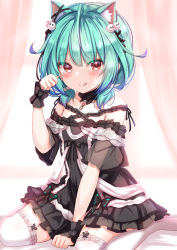 Rule 34 | 1girl, :q, animal ear fluff, animal ears, between legs, black dress, blue hair, blush, cat ears, closed mouth, collarbone, commentary, detached collar, dress, frilled thighhighs, frills, garter straps, green hair, hair ornament, hand between legs, highres, hololive, long hair, looking at viewer, multicolored hair, off-shoulder dress, off shoulder, paw pose, red eyes, see-through, see-through sleeves, short sleeves, short twintails, skull hair ornament, smile, solo, streaked hair, thighhighs, tongue, tongue out, twintails, uruha rushia, uruha rushia (3rd costume), virtual youtuber, white thighhighs, wrist cuffs, yuano