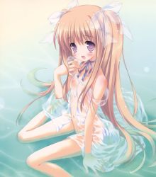Rule 34 | 1girl, :d, blonde hair, blush, bow, flat chest, hair bow, highres, kneeling, light brown hair, long hair, morinaga korune, navel, nipples, open mouth, purple eyes, see-through, sitting, smile, solo, source request, submerged, twintails, very long hair, wariza, water, wet, wet clothes