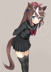 Rule 34 | 1girl, absurdres, ahoge, alternate costume, animal ears, arms behind back, black shirt, black skirt, black thighhighs, blue eyes, blush, bow, bowtie, breasts, brown background, brown hair, closed mouth, commentary request, feet out of frame, highres, horse ears, horse girl, horse tail, leaning forward, long hair, looking at viewer, multicolored hair, pleated skirt, ponytail, red bow, red bowtie, sailor collar, school uniform, serafuku, shirt, shisui (shisui0178), skirt, small breasts, smile, solo, split mouth, streaked hair, tail, thighhighs, tokai teio (umamusume), umamusume