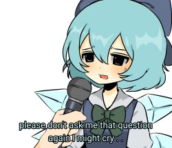 Rule 34 | 1girl, :3, blue bow, blue eyes, blue hair, blue vest, blush, bow, bowtie, cirno, dot nose, green neckwear, hair bow, highres, holding, holding microphone, ice, ice wings, interview, microphone, open mouth, simple background, snale, solo focus, subtitled, sweatdrop, touhou, vest, white background, wings