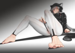 Rule 34 | 1girl, animal ear fluff, animal ears, arknights, ass, barefoot, cat tail, cleft of venus, ears through headwear, feet, female focus, female masturbation, foot focus, foreshortening, full body, highres, leggings, long hair, masturbation, no shoes, no socks, official alternate costume, pants, pantyhose, schwarz (arknights), schwarz (skyline) (arknights), silver hair, soles, solo, tail, toes, wedgie, white pants, yamauchi (conan-comy), yellow eyes