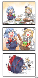 Rule 34 | apple, blonde hair, blush, bread, breasts, cheese, comic, dulldull, eating, food, fruit, fur hat, girls&#039; frontline, gloves, hair between eyes, hat, highres, inflation, jacket, long hair, long sleeves, multiple girls, nagant revolver (girls&#039; frontline), open mouth, plate, red eyes, ribbon, sandwich, shirt, short hair, silent comic, skirt, smile, spas-12 (girls&#039; frontline), turkey (food), twintails, white headwear, white jacket, white shirt