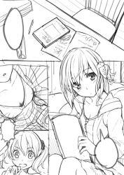 Rule 34 | 2girls, 3:, bad id, bad pixiv id, blush, book, carrot hair ornament, chair, close-up, closed mouth, collarbone, comic, d:, food-themed hair ornament, greyscale, hair bobbles, hair ornament, holding, holding book, hood, hoodie, monochrome, multiple girls, open clothes, open hoodie, open mouth, original, pencil, sketch, sketchbook, speech bubble, twintails, yoropa