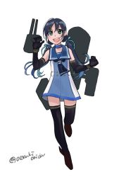 Rule 34 | 1girl, absurdres, adapted turret, black gloves, black neckerchief, black thighhighs, blue hair, blue sailor collar, commentary request, elbow gloves, full body, gloves, green eyes, hair ribbon, highres, kantai collection, long hair, low twintails, machinery, neckerchief, oekakiokiba, open mouth, original remodel (kantai collection), ribbon, sailor collar, simple background, sleeveless, smile, solo, suzukaze (kancolle), thighhighs, twintails, white background