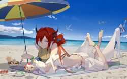 Rule 34 | 1571874752, 1girl, arknights, ass, bare shoulders, barefoot, beach, beach umbrella, bikini, bird, book, breasts, cloud, cloudy sky, demon horns, detached sleeves, dress, food, green wristband, hair ornament, highres, holding, holding pencil, holding spoon, horns, ice cream, long hair, looking at viewer, lying, medium breasts, official alternate costume, on stomach, pencil, purple eyes, red hair, seagull, side-tie bikini bottom, sky, soles, solo, spoon, star (symbol), star hair ornament, surtr (arknights), surtr (colorful wonderland) (arknights), swimsuit, swimsuit cover-up, sword, thigh strap, toes, umbrella, water, weapon, white bikini