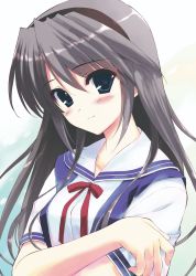 Rule 34 | 1girl, absurdres, blue eyes, clannad, commentary request, fumio (ura fmo), hairband, highres, hikarizaka private high school uniform, long hair, looking at viewer, sailor collar, sakagami tomoyo, school uniform, silver hair, solo, tomoyo after, upper body, white sailor collar