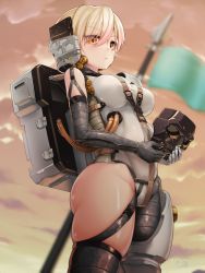 Rule 34 | 1girl, armor, backpack, bag, blonde hair, blurry, blurry background, blush, breasts, closed mouth, doyouwantto, elbow gloves, flag, frame arms girl, gloves, medium breasts, shiny skin, short hair, skindentation, solo, standing, thighs, yellow eyes