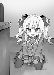 Rule 34 | 1girl, absurdres, akechi kokoro, armband, belt, blush, bound, chair, clenched hands, cuffs, desk, embarrassed, female focus, flat chest, full body, gloves, greyscale, hair ribbon, handcuffs, highres, indoors, jacket, kneeling, loli kko daisuki kurabu, long hair, long sleeves, looking at viewer, military, military uniform, miniskirt, monochrome, necktie, nose blush, open mouth, peeing, peeing self, ribbon, shiny clothes, shirt, sketch, skirt, solo, star (symbol), sweat, tantei opera milky holmes, tears, teeth, thighhighs, tied up, twintails, uniform, zettai ryouiki