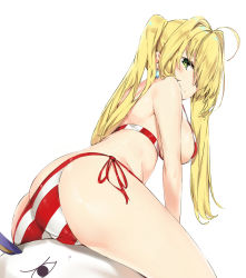Rule 34 | 2girls, ahoge, ass, bed sheet, bikini, blonde hair, blush, breasts, butt crack, closed mouth, earrings, fate/grand order, fate (series), green eyes, hair intakes, highres, jewelry, large breasts, long hair, looking at viewer, medjed (fate), multiple girls, nero claudius (fate), nero claudius (fate) (all), nero claudius (swimsuit caster) (fate), nitocris (fate), nitocris (fate/grand order), nitocris (swimsuit assassin) (fate), red bikini, side-tie bikini bottom, sideboob, sidelocks, silver (chenwen), simple background, sitting, sitting on person, smile, solo focus, striped bikini, striped clothes, sweatdrop, swimsuit, thighs, twintails, white background, white bikini, wide hips