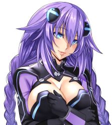 Rule 34 | 1girl, absurdres, bed, blue eyes, blush, bodysuit, braid, breasts, cleavage, cleavage cutout, clothing cutout, crossed arms, female focus, gloves, highres, lips, long hair, looking at viewer, lying, neptune (neptunia), neptune (series), nyamota, parted lips, power symbol, purple hair, purple heart (neptunia), shiny skin, smile, solo, source request, symbol-shaped pupils, twin braids, upper body
