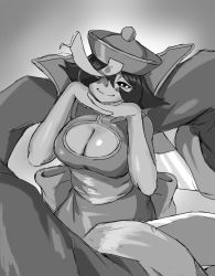 Rule 34 | 1girl, blush, breasts, cleavage, cleavage cutout, clothing cutout, dress, grey background, greyscale, highres, jacket, jacket on shoulders, jiangshi, large breasts, lei lei, looking at viewer, monochrome, short hair, smile, solo, talisman, vampire (game), vitallic