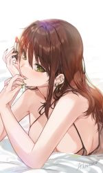 Rule 34 | 1girl, alracoco, bare shoulders, blush, breasts, brown hair, collarbone, green eyes, highres, large breasts, long hair, looking at viewer, lying, on stomach, original, solo