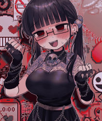 Rule 34 | 1girl, black dress, black gloves, black hair, blunt bangs, blush, breasts, chain, chain necklace, cleavage, clenched hands, dress, ear piercing, empty eyes, fingerless gloves, glasses, gloves, hair ornament, heart, jewelry, large breasts, long hair, necklace, nose blush, open mouth, original, piercing, pom pom (clothes), pom pom hair ornament, red eyes, sharp teeth, simple background, skull, solo, spikes, sweat, teeth, twintails, upper body, yasashii naizou