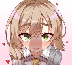 Rule 34 | 1girl, blush, bright pupils, brown hair, close-up, collared shirt, commentary, eyes visible through hair, gradient background, green eyes, hair between eyes, hair intakes, hair ornament, hair scrunchie, highres, long hair, looking at viewer, mikuni sairi, necktie, nose blush, open mouth, penis awe, penis shadow, pink background, raised eyebrows, school uniform, scrunchie, sesen2000, shirt, simple background, smile, solo, tenshi souzou re-boot!, thick eyebrows, tsurime, upturned eyes, white scrunchie, white shirt, yellow necktie