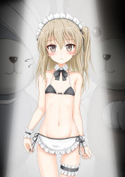 Rule 34 | 1girl, apron, bare shoulders, bikini, bikini top only, black bikini, black bow, blush, boko (girls und panzer), bow, breasts, bridal garter, brown eyes, brown hair, closed mouth, collar, collarbone, commentary request, detached collar, flipper, flying sweatdrops, frilled apron, frills, girls und panzer, gluteal fold, groin, hair between eyes, hair bow, highres, long hair, looking at viewer, maid headdress, navel, one side up, shimada arisu, small breasts, solo, swimsuit, thigh gap, waist apron, white apron, white collar, wing collar, wrist cuffs