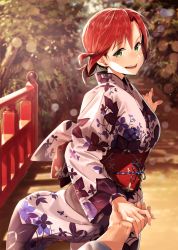 Rule 34 | 1girl, alternate costume, bad id, bad pixiv id, blurry, blush, boudica (fate), bridge, contemporary, depth of field, fate/grand order, fate (series), floral print, green eyes, hair between eyes, holding hands, highres, japanese clothes, kerorira, kimono, leaning forward, light particles, lips, looking at viewer, obi, open mouth, outdoors, ponytail, pov, red hair, sash, short hair, short ponytail, smile, solo focus