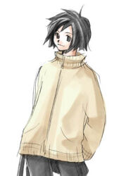 Rule 34 | 1boy, arms behind back, bad id, bag, black bag, black eyes, black hair, black pants, brown jacket, character request, copyright request, holding, holding bag, jacket, lowres, male focus, pants, rendezvous, short hair, simple background, sketch, smile, solo, standing, upper body, white background