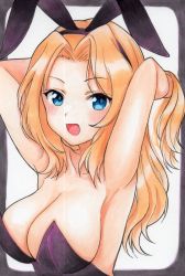 Rule 34 | 1girl, airi (akamichiaika), animal ears, armpits, blonde hair, blue eyes, blush, breasts, cleavage, collarbone, fake animal ears, girls und panzer, highres, kay (girls und panzer), large breasts, leotard, long hair, looking at viewer, open mouth, playboy bunny, rabbit ears, simple background, smile, solo, upper body, white background