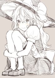 Rule 34 | 1girl, blush, bow, braid, greyscale, hat, hat bow, hugging own legs, kirisame marisa, knees to chest, light blush, long hair, looking at viewer, monochrome, puffy short sleeves, puffy sleeves, shoes, short sleeves, sitting, skirt, solo, spot color, touhou, vanilla (miotanntann), witch hat