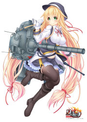 Rule 34 | 1girl, black thighhighs, blonde hair, bow, breasts, character request, gloves, green eyes, hair bow, hair ribbon, hat, highres, long hair, looking at viewer, machinery, military, military vehicle, motor vehicle, navel, official art, personification, ribbon, rick g earth, simple background, smile, solo, tank, thighhighs, turret, type 74 (tank), very long hair, wakagi repa, white background, white gloves, zettai ryouiki
