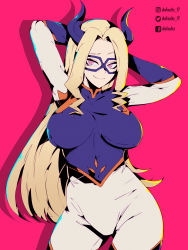 Rule 34 | 1girl, absurdres, arms behind head, blonde hair, bodysuit, boku no hero academia, breasts, closed mouth, collarbone, commentary, covered navel, cowboy shot, defaultz, english commentary, facebook username, forehead, highres, horns, instagram username, large breasts, long hair, looking at viewer, mask, mount lady, pink background, pink eyes, shadow, sidelocks, simple background, smile, solo, thighs, twitter username
