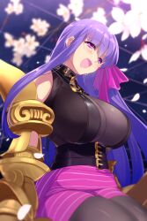 Rule 34 | 1girl, bare shoulders, blush, breasts, brown pantyhose, claw (weapon), claws, collar, criss-cross halter, crying, echo (circa), fate/extra, fate/extra ccc, fate/grand order, fate (series), flower, hair ribbon, halterneck, huge breasts, long hair, looking at viewer, o-ring, open mouth, pantyhose, passionlip (fate), pink eyes, pink ribbon, pink shorts, puffy shorts, purple hair, ribbon, shorts, smile, solo, striped clothes, striped shorts, tears, very long hair, weapon
