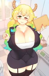 Rule 34 | 1girl, absurdres, black skirt, blonde hair, blush, breasts, business suit, dragon girl, dragon horns, formal, gradient hair, green hair, highres, horns, horns through headwear, huge breasts, kobayashi-san chi no maidragon, long hair, looking at viewer, lucoa (maidragon), multicolored hair, office lady, one eye closed, pencil skirt, rtil, shirt, skirt, skirt suit, smile, solo, suit, unusually open eyes, white shirt, yellow pupils