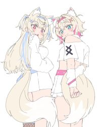 Rule 34 | 2girls, :3, animal ears, arm warmers, bandaid, bandaid hair ornament, belt, blonde hair, blue eyes, blue hair, blue hairband, blush, breasts, brown thighhighs, commentary, cowboy shot, crop top, crop top overhang, cropped shirt, crossed bangs, dog ears, dog girl, dog tail, double-parted bangs, dress, english commentary, fake horns, fiqqq (tenshi uma uma), fishnet thighhighs, fishnets, frilled shorts, frills, from behind, from side, fuwawa abyssgard, fuwawa abyssgard (1st costume), hair between eyes, hair intakes, hair ornament, hairband, hairclip, headphones, headphones around neck, highres, hololive, hololive english, horns, long hair, long sleeves, looking at viewer, medium breasts, midriff, mococo abyssgard, mococo abyssgard (1st costume), multicolored hair, multiple girls, nail polish, open mouth, over-kneehighs, pink belt, pink eyes, pink hair, pink hairband, pink nails, shirt, short dress, short hair, short shorts, shorts, siblings, simple background, single bare shoulder, single over-kneehigh, single thighhigh, sisters, streaked hair, t-shirt, tail, thighhighs, triangle mouth, twins, two side up, virtual youtuber, white background, white dress, white shirt, white shorts, x hair ornament