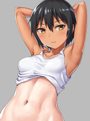 Rule 34 | 1girl, abs, armpits, arms behind head, arms up, bare arms, bare shoulders, black hair, blush, breasts, closed mouth, collarbone, commentary request, from below, grey background, hashi, looking at viewer, looking down, navel, one-piece tan, original, short hair, simple background, sleeveless, small breasts, smile, solo, stomach, tan, tank top, tanline, tomboy, toned, upper body, yellow eyes