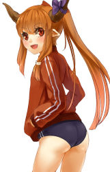 Rule 34 | 1girl, alternate costume, ass, blush, bow, buruma, fang, hair bow, hands in pockets, highres, horn ornament, horn ribbon, horns, ibuki suika, jacket, long hair, long sleeves, looking at viewer, nishiuri, open mouth, orange hair, pointy ears, red eyes, ribbon, simple background, slit pupils, smile, solo, touhou, track jacket, white background