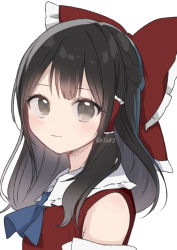 Rule 34 | 1girl, absurdres, artist name, bad id, bad twitter id, bare shoulders, bow, detached sleeves, hair bow, hair tubes, hakurei reimu, highres, light blush, light smile, long hair, looking at viewer, red bow, shinonome asu, simple background, solo, touhou, upper body, white background
