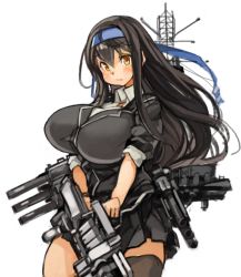 Rule 34 | 10s, 1girl, alternate breast size, black hair, black skirt, blush, breasts, hatsushimo (kancolle), hatsushimo kai ni (kancolle), headband, huge breasts, kantai collection, long hair, machinery, miniskirt, perky breasts, pleated skirt, sachito, simple background, single thighhigh, skirt, solo, thighhighs, turret, white background, yellow eyes, zettai ryouiki