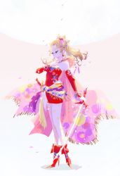 Rule 34 | 1girl, absurdres, blonde hair, cape, closed eyes, closed mouth, clothing request, copyright request, curly hair, dress, earrings, final fantasy, final fantasy vi, hair ornament, high heels, highres, jewelry, long hair, long sleeves, marina (mrn9), moon, pantyhose, pink background, red dress, red footwear, red heels, simple background, solo, sword, tassel, tina branford, weapon, white background