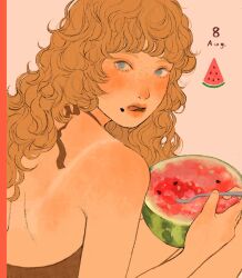 Rule 34 | 1girl, bare shoulders, blonde hair, blue eyes, brown hair, commentary, dated, english commentary, food, food on face, freckles, from behind, fruit, highres, holding, long hair, looking at viewer, looking back, mole, mole under mouth, original, parted lips, satou sugar18, simple background, solo, spoon, tan, tanline, upper body, watermelon