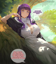 Rule 34 | 1girl, araneesama, black coat, breasts, cleavage, coat, dress, english text, female focus, fern (sousou no frieren), highres, large breasts, long hair, long sleeves, looking at viewer, matching hair/eyes, purple eyes, purple hair, solo, sousou no frieren, speech bubble, tree
