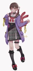 Rule 34 | 1girl, backpack, bag, black choker, black skirt, black socks, blunt bangs, breasts, brown hair, checkered clothes, checkered skirt, choker, colored inner hair, full body, hair ornament, hands up, high-waist skirt, jacket, looking at viewer, low twintails, mary janes, medium hair, multicolored hair, nail polish, natsume koji, open clothes, open jacket, original, parted lips, pink eyes, pink hair, plaid, plaid skirt, pom pom (clothes), pom pom hair ornament, purple jacket, red nails, school uniform, shirt, shoes, simple background, skirt, small breasts, socks, solo, standing, standing on one leg, thigh strap, twintails, white background, white shirt, yami kawaii