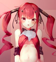 Rule 34 | 1girl, bad id, bad pixiv id, blunt bangs, breasts, commentary request, cz75 (girls&#039; frontline), girls&#039; frontline, hair ornament, hairclip, looking at viewer, navel, open mouth, pov, pov hands, red eyes, red hair, shirt, small breasts, solo focus, stardust-kun, sweatdrop, twintails