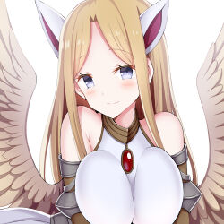 Rule 34 | 1girl, animal ears, bare shoulders, breasts, breasts squeezed together, brown wings, character request, chouhakai!! barbarossa, closed mouth, feathered wings, givuchoko, grey eyes, large breasts, light brown hair, long hair, parted bangs, shirt, simple background, sleeveless, sleeveless shirt, smile, solo, upper body, white background, white shirt, wings