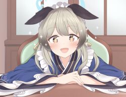 Rule 34 | + +, 1girl, :d, animal ears, apron, blue archive, blue kimono, blush, brown eyes, commentary request, dog ears, dog girl, frilled apron, frills, grey hair, hair between eyes, hair ribbon, halo, hoshino ouka, indoors, japanese clothes, kimono, long hair, long sleeves, looking at viewer, maid, maid headdress, open mouth, ribbon, sidelocks, smile, solo, sparkling eyes, table, umika (blue archive), upper body, wa maid, wide sleeves, yellow ribbon
