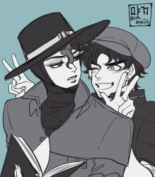 Rule 34 | 2boys, battle tendency, blue background, book, coat, commentary request, earrings, greyscale with colored background, grin, hair between eyes, hat, head scarf, highres, holding, holding book, jacket, jewelry, jojo no kimyou na bouken, joseph joestar, joseph joestar (young), kars (jojo), male focus, multiple boys, one eye closed, peaked cap, sempon (doppio note), signature, smile, stud earrings, twitter username, v, w