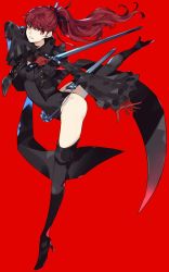 Rule 34 | 1girl, arm up, ass, ayyataka, black footwear, black jacket, black leotard, black ribbon, boots, breasts, frilled sleeves, frills, full body, gloves, hair ribbon, high heel boots, high heels, high ponytail, highres, holding, holding sword, holding weapon, jacket, leotard, leotard under clothes, long hair, long sleeves, looking at viewer, medium breasts, open clothes, open jacket, outstretched arm, parted lips, persona, persona 5, persona 5 the royal, purple hair, red background, red eyes, red gloves, ribbon, sheath, simple background, smile, solo, standing, standing on one leg, sword, thigh boots, thighhighs, unsheathed, weapon, yoshizawa kasumi