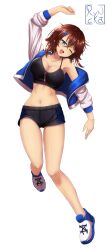 Rule 34 | 1girl, ;d, absurdres, aile nishino, black shorts, blue eyes, breasts, brown hair, cleavage, commission, crop top, hair ornament, hairclip, head tilt, highres, jacket, large breasts, long hair, long sleeves, midriff, navel, one eye closed, open clothes, open jacket, open mouth, original, ryncka, shoes, short shorts, shorts, sideboob, simple background, smile, sneakers, stomach, white background, white jacket