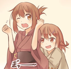 Rule 34 | ^^^, 10s, 2girls, :d, brown eyes, brown hair, commentary request, fang, flying sweatdrops, folded ponytail, hair ornament, hairclip, ido (teketeke), ikazuchi (kancolle), inazuma (kancolle), japanese clothes, kantai collection, kimono, long hair, multiple girls, one eye closed, open mouth, ponytail, short hair, smile, wide sleeves, yukata