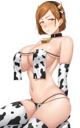 Rule 34 | 1girl, absurdres, animal ears, animal print, arms behind back, bare shoulders, bell, bikini, black collar, blush, breast curtains, breasts, brown eyes, brown hair, cleavage, closed mouth, collar, cow ears, cow horns, cow print, cow print bikini, cowbell, earrings, elbow gloves, fake animal ears, fake horns, from side, gloves, highres, horns, jewelry, jujutsu kaisen, kneeling, kugisaki nobara, large breasts, micro bikini, navel, neck bell, no shoes, print bikini, short hair, shy, sideboob, simple background, skindentation, solo, stomach, swept bangs, swimsuit, tears, thighhighs, underboob, white background, yakimi 27