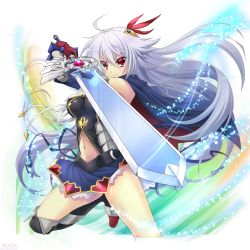 Rule 34 | 1girl, ahoge, black footwear, blue cape, blue skirt, boots, breasts, cape, cleavage, detached sleeves, eleonora viltaria, floating hair, gloves, hair between eyes, hair ornament, highres, holding, holding sword, holding weapon, large breasts, leg up, long hair, looking at viewer, madan no ou to vanadis, midriff, miniskirt, navel, red eyes, red gloves, silver hair, skirt, smile, solo, stomach, sword, thigh boots, thighhighs, very long hair, weapon, white background