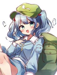 Rule 34 | 1girl, :d, backpack, bag, blue eyes, blue hair, blue shirt, blue skirt, flat cap, green hat, hair bobbles, hair ornament, hand on own chest, hat, highres, kawashiro nitori, key, long sleeves, looking at viewer, moshihimechan, open mouth, shirt, simple background, skirt, smile, solo, touhou, two side up, upper body, white background