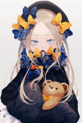 Rule 34 | 1girl, abigail williams (fate), black dress, black hat, blonde hair, blue bow, bow, commentary, dress, fate (series), grey background, hair bow, hat, highres, holding, long hair, looking at viewer, multiple hair bows, open mouth, orange bow, parted bangs, polka dot, polka dot bow, purple eyes, satsuki (miicat), simple background, sleeves past fingers, sleeves past wrists, solo, stuffed animal, stuffed toy, teddy bear